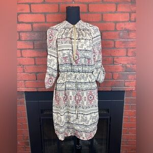 Justify Women's Dress Medium Fit & Flare Beige Elephant Long Sleeve VNeck Zip Up